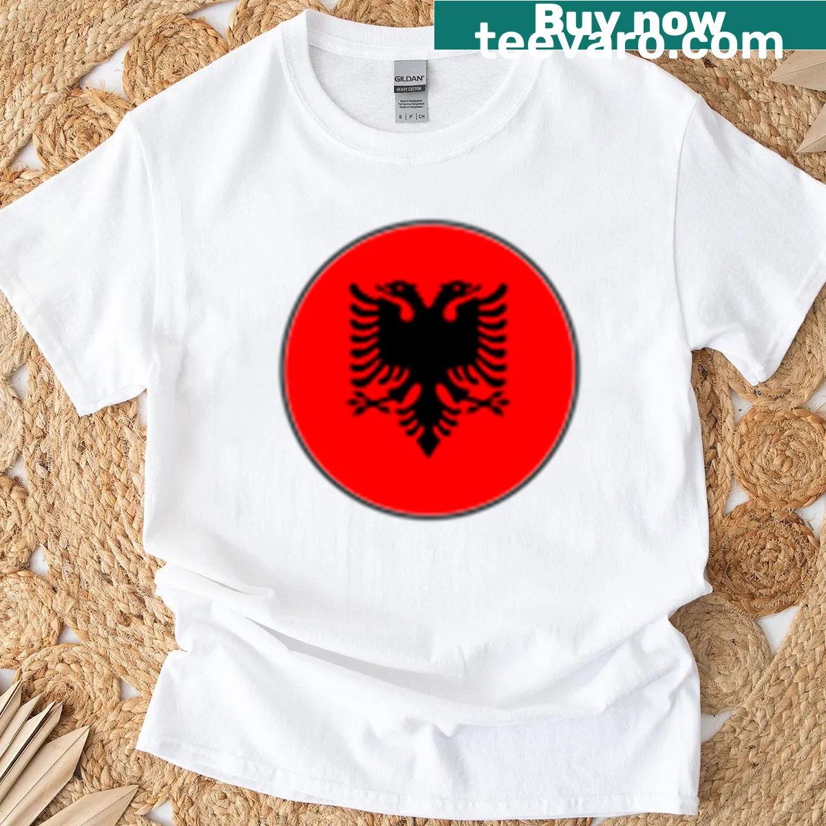 T-shirt featuring Albania flag with double-headed eagle in a circle — on a men's t-shirt