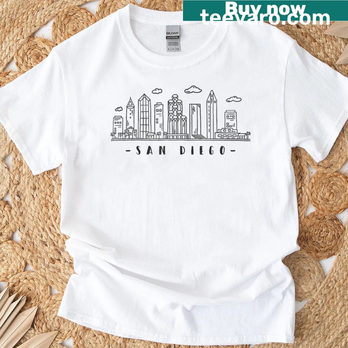 Silhouette of San Diego skyline on T-shirt representing California — on a men's t-shirt