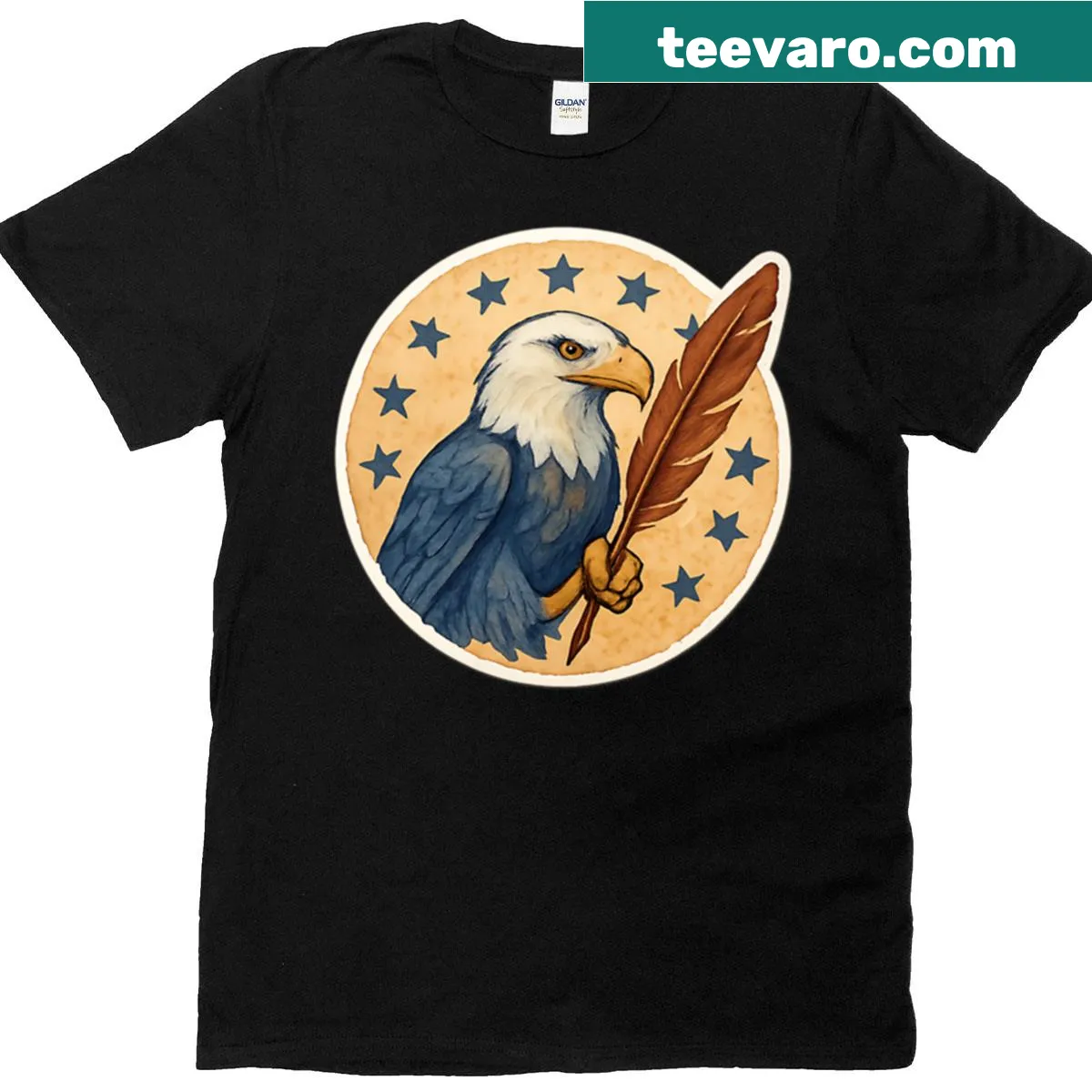 Patriotic T-shirt with American bald eagle and flag design — on a men's t-shirt