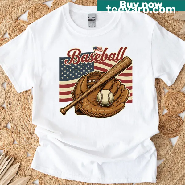 Baseball T-shirt featuring an American flag and player graphics