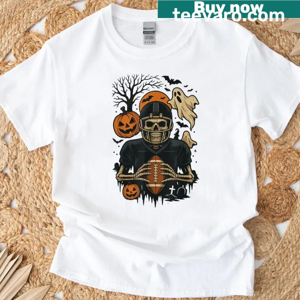 Skeleton football player design on a Halloween-themed t-shirt