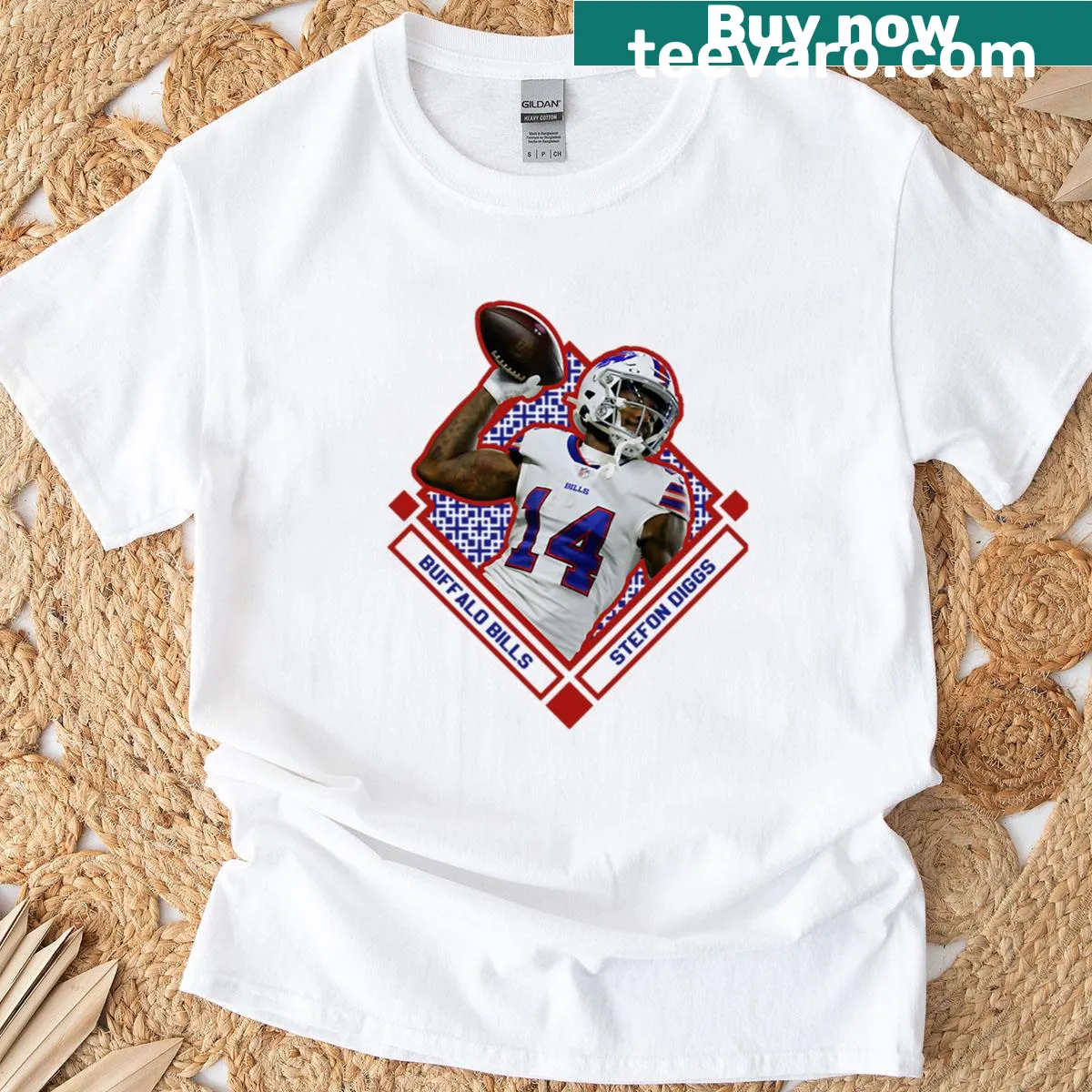 Vintage American football quarterback number 14 design T-shirt — on a men's t-shirt