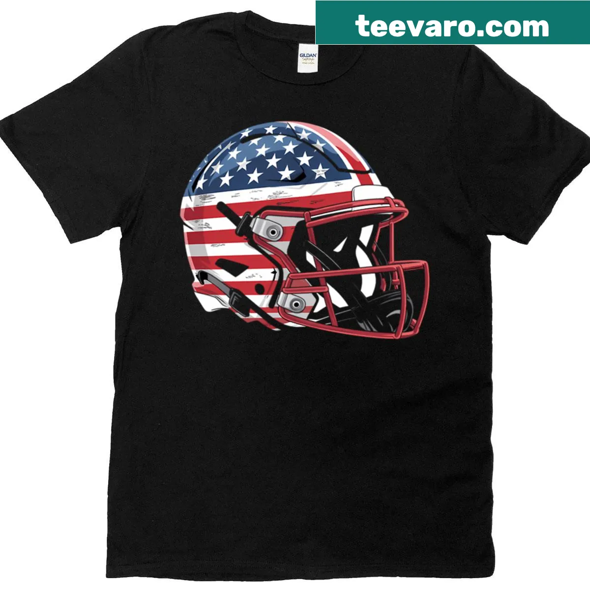 T-shirt featuring American flag and football graphic — on a men's t-shirt