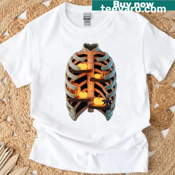 Anatomical rib cage and pumpkin graphic for Halloween T-shirt