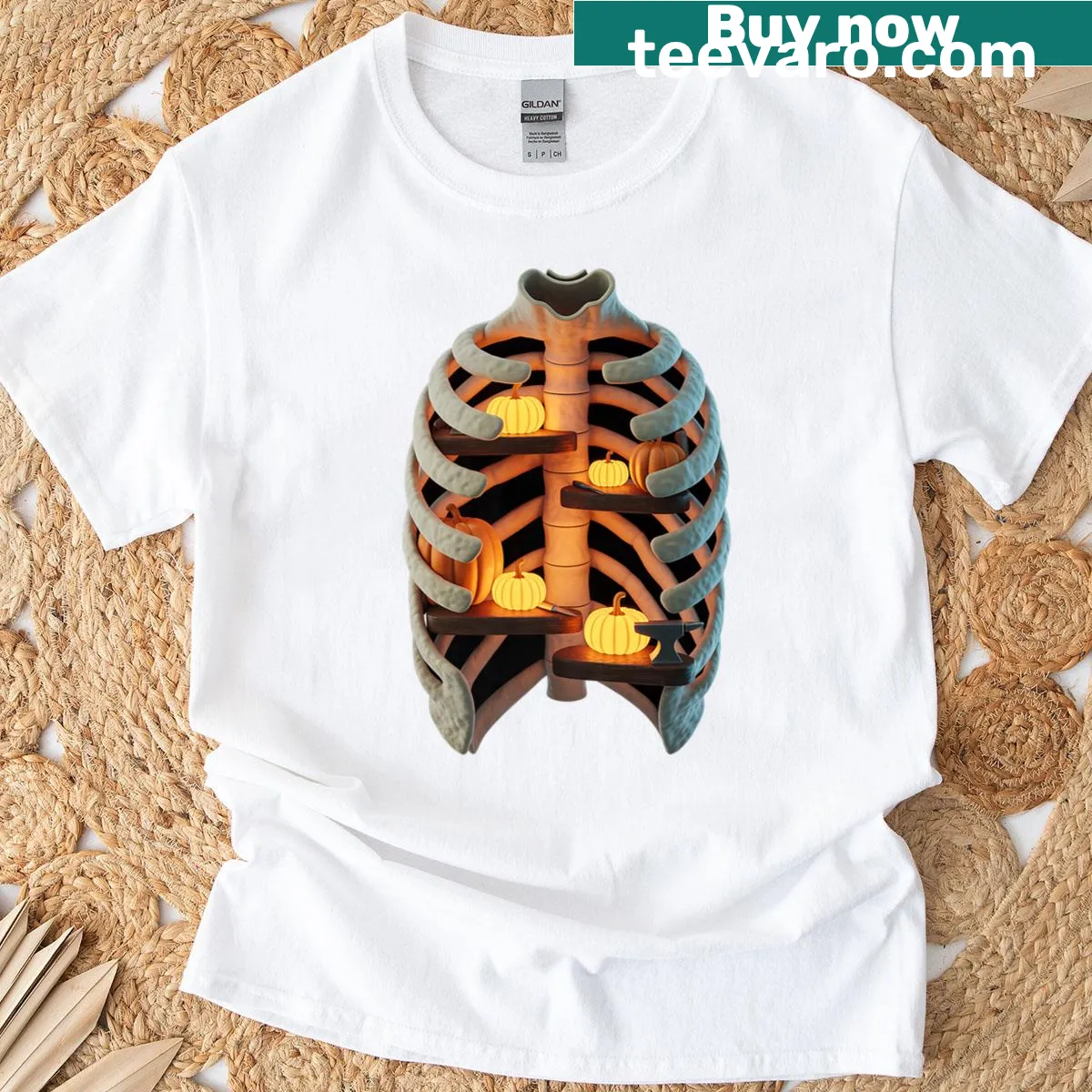 Anatomical rib cage and pumpkin graphic for Halloween T-shirt — on a men's t-shirt