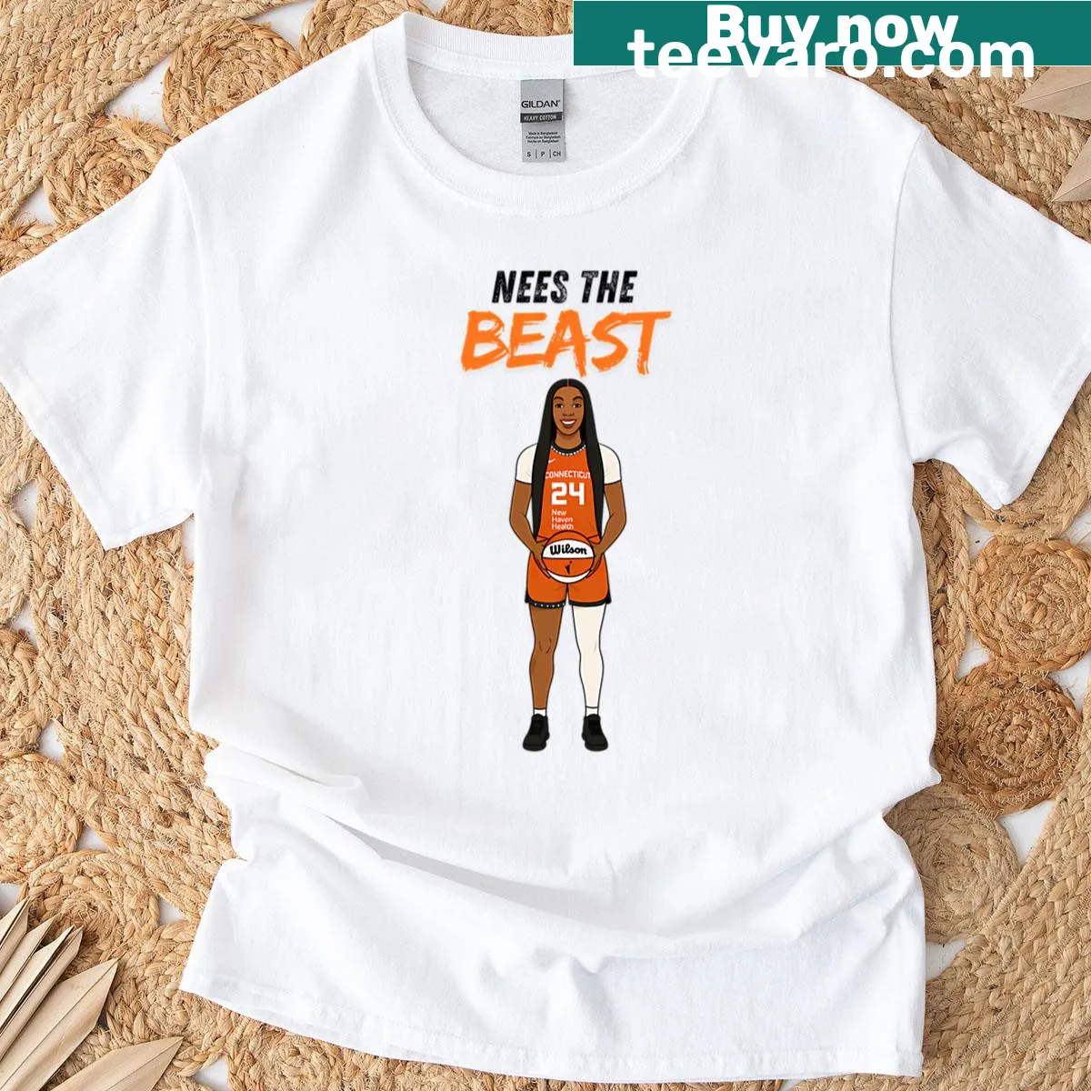 WNBA T-shirt featuring Aneesa Morrow and Connecticut Sun logo. — on a men's t-shirt