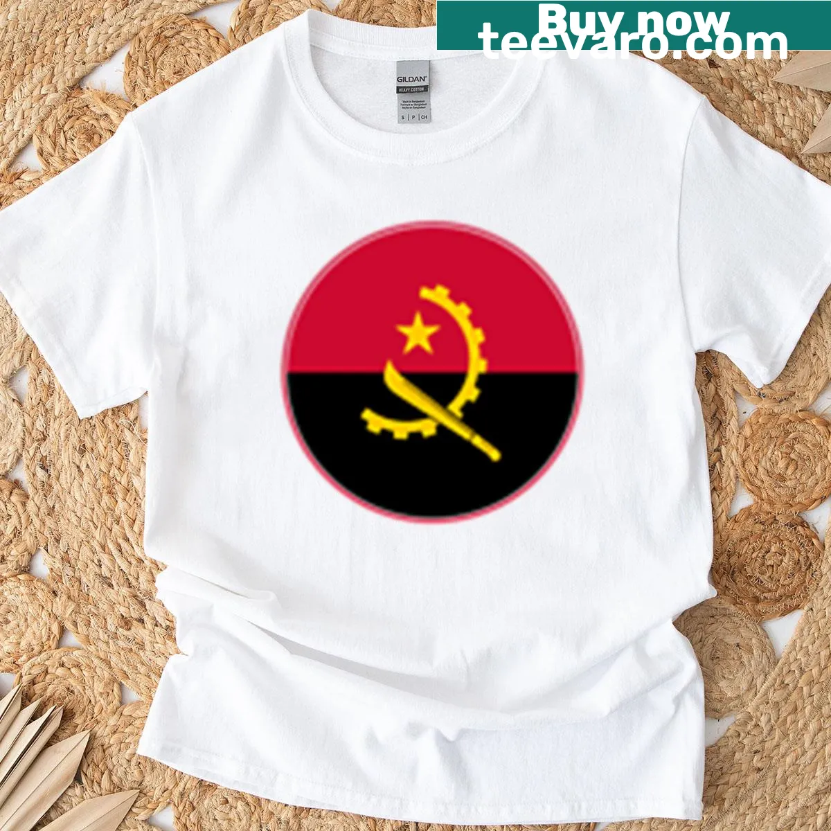 Angola flag t-shirt featuring circular machete and gear design — on a men's t-shirt