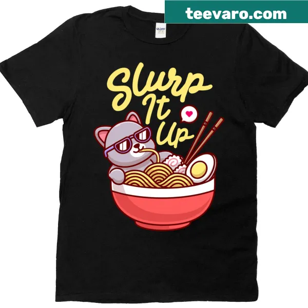 Cute anime cat in a bowl of ramen illustration on t-shirt