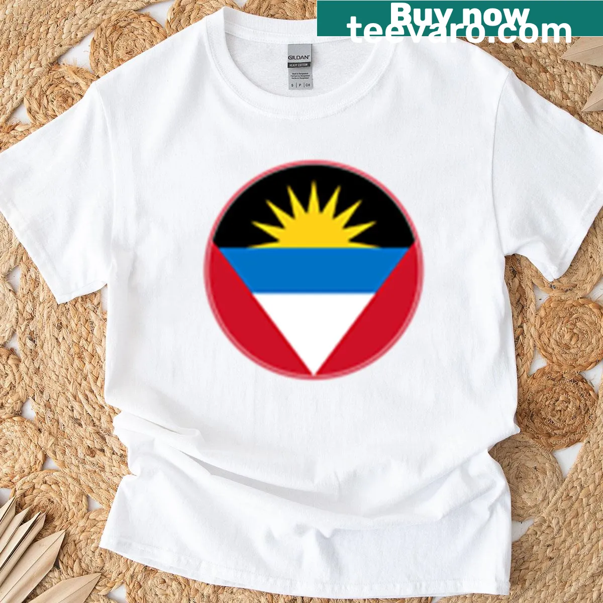 Antigua and Barbuda flag circle rising sun design t-shirt — on a men's t-shirt