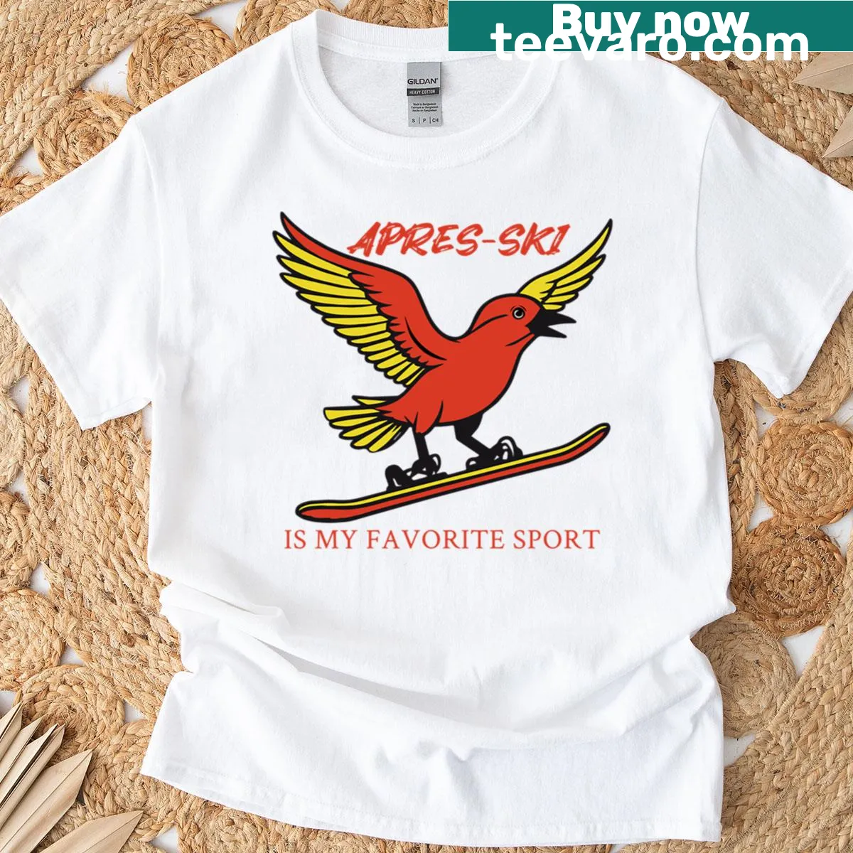 T-shirt with text 'Aprs Ski Is My Favorite Sport' in bold letters — on a men's t-shirt
