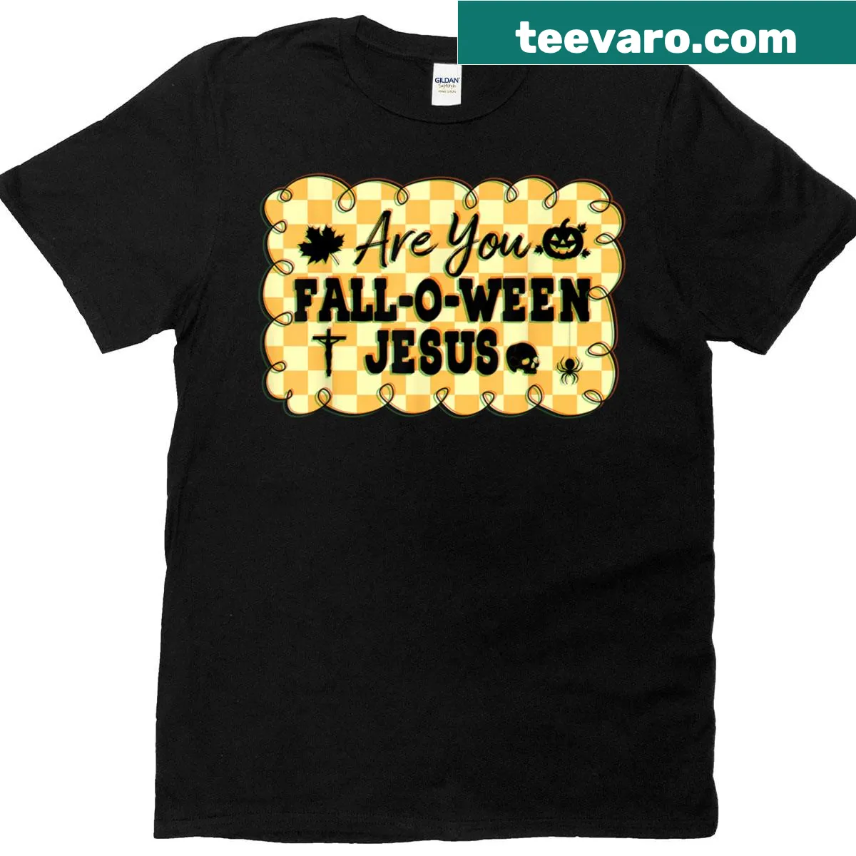 T-shirt with a whimsical Jesus design for Halloween and fall — on a men's t-shirt