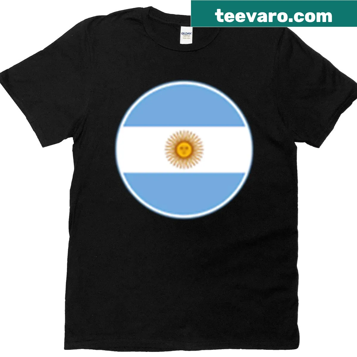 T-shirt with a circular design featuring the Argentina flag and Sun of May — on a men's t-shirt