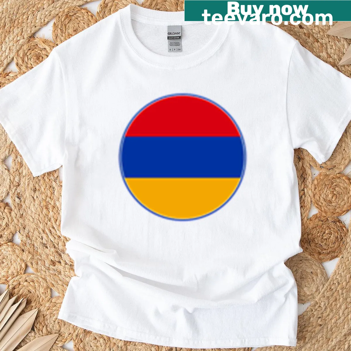 Armenia Flag Circle T-shirt with red, blue, and orange design — on a men's t-shirt