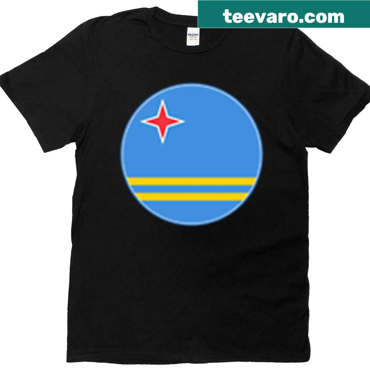 Aruba flag T-shirt featuring circle design and star — on a men's t-shirt