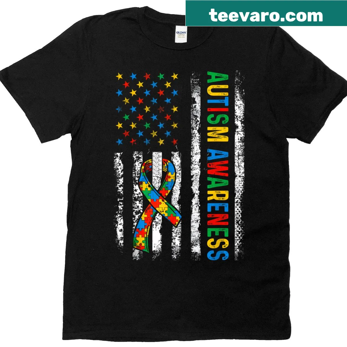 Autism awareness puzzle ribbon with American flag design on t-shirt — on a men's t-shirt