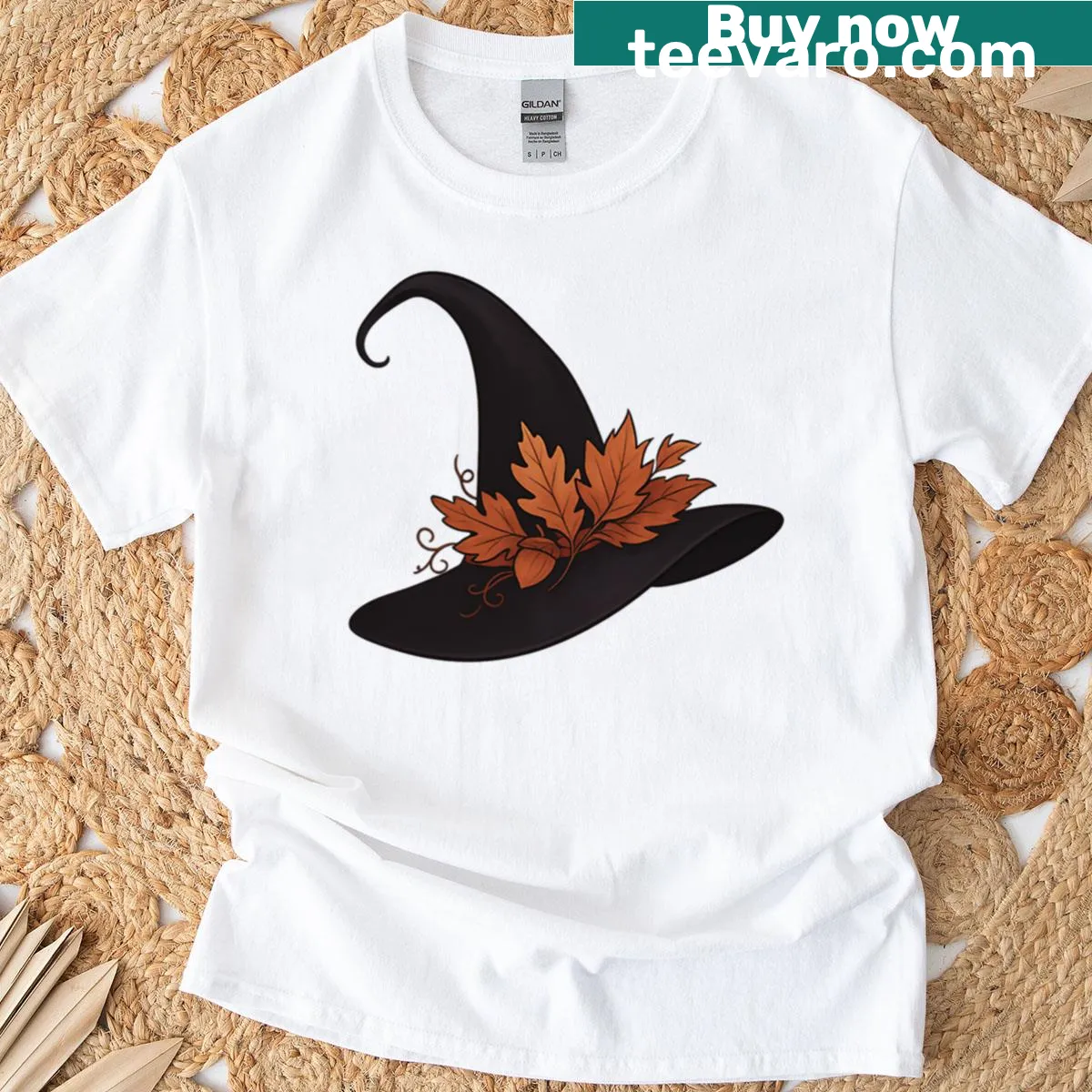 Witch hat with leaves and vines design t-shirt — on a men's t-shirt