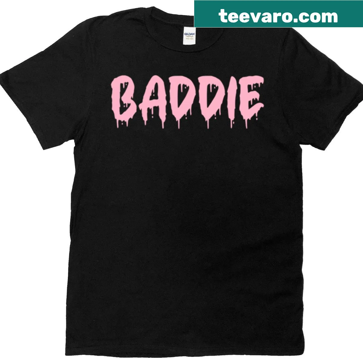 Edgy T-shirt with bright pink blood drip design on white background — on a men's t-shirt