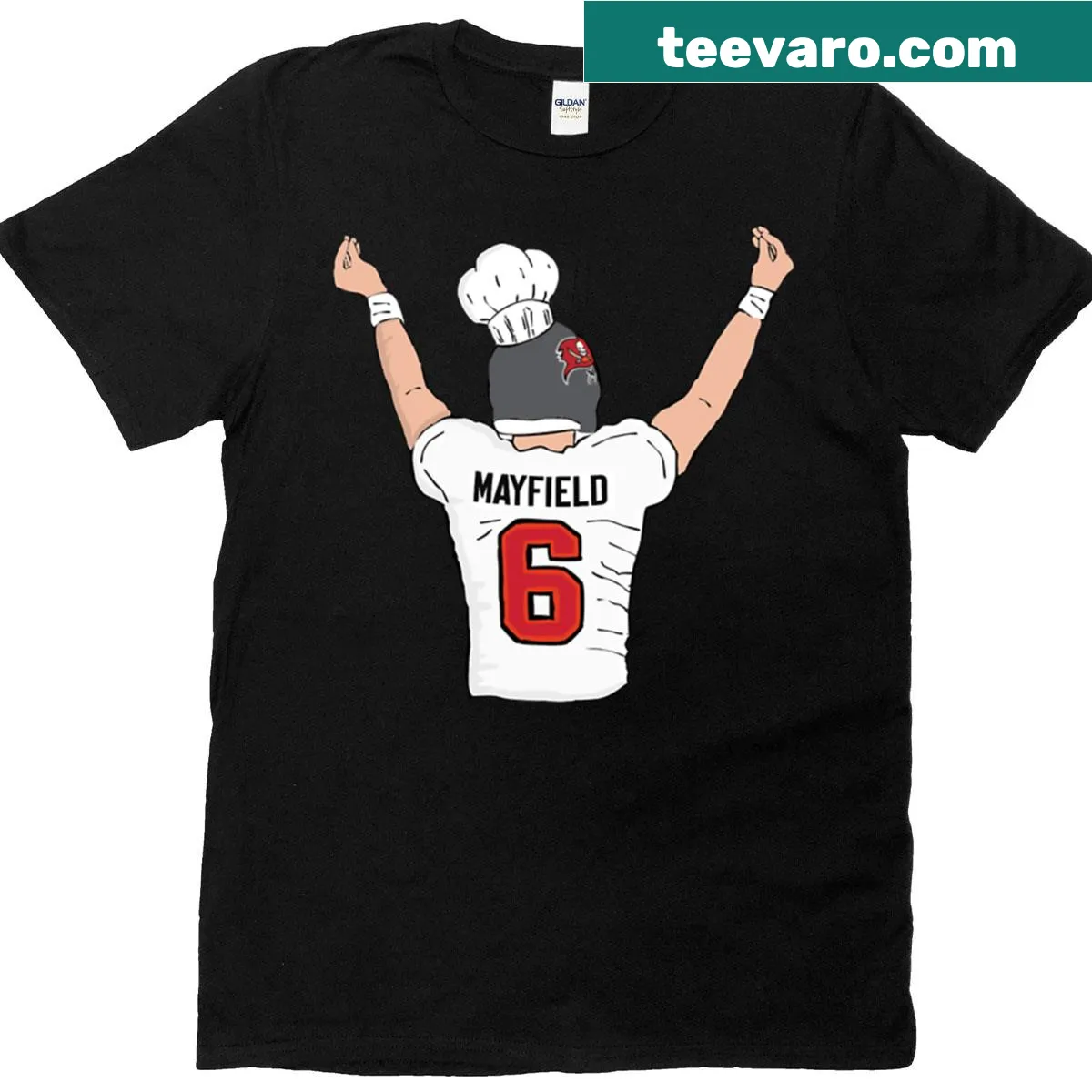 Illustration of Baker Mayfield on a t-shirt for fans — on a men's t-shirt