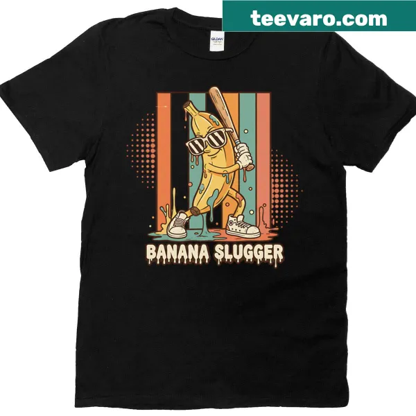 Funny baseball T-shirt featuring a banana character swinging a bat