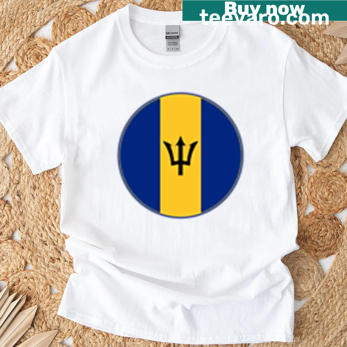 Barbados flag and trident circle badge T-shirt — on a men's t-shirt