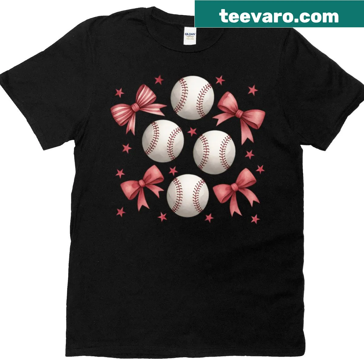 Cute T-shirt with baseballs and pink bows pattern — on a men's t-shirt