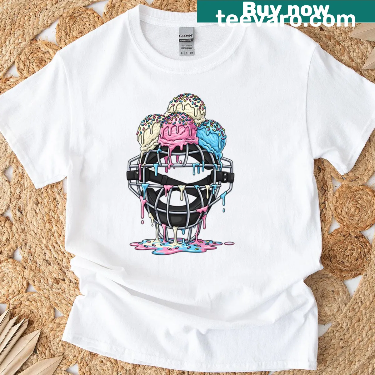 Baseball catcher mask with ice cream dripping design t-shirt — on a men's t-shirt