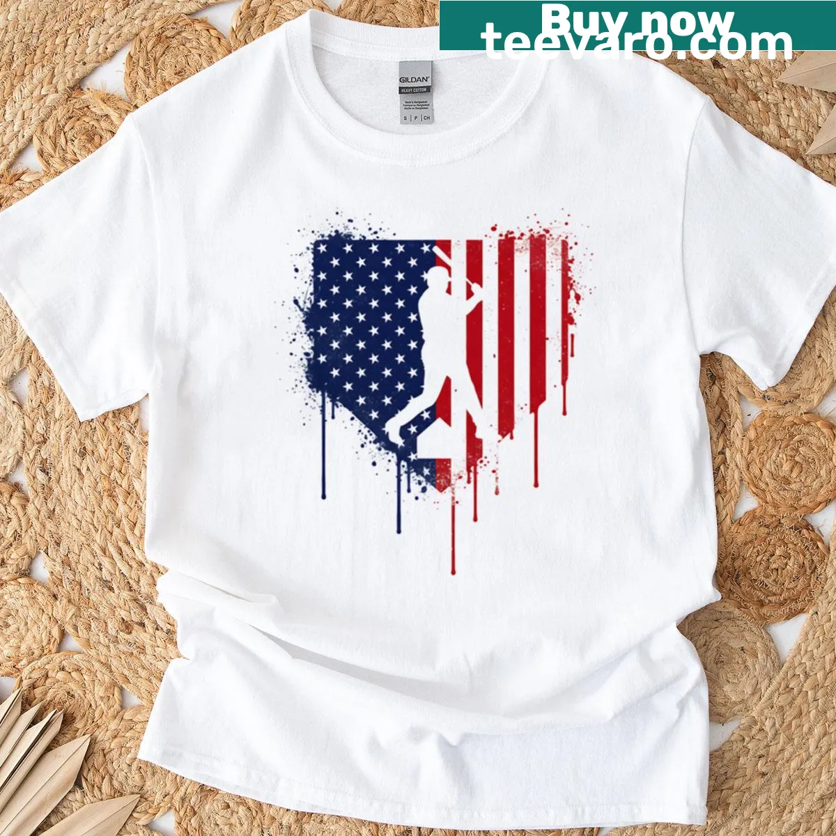 Kids T-shirt with baseball bat and American flag drip design — on a men's t-shirt