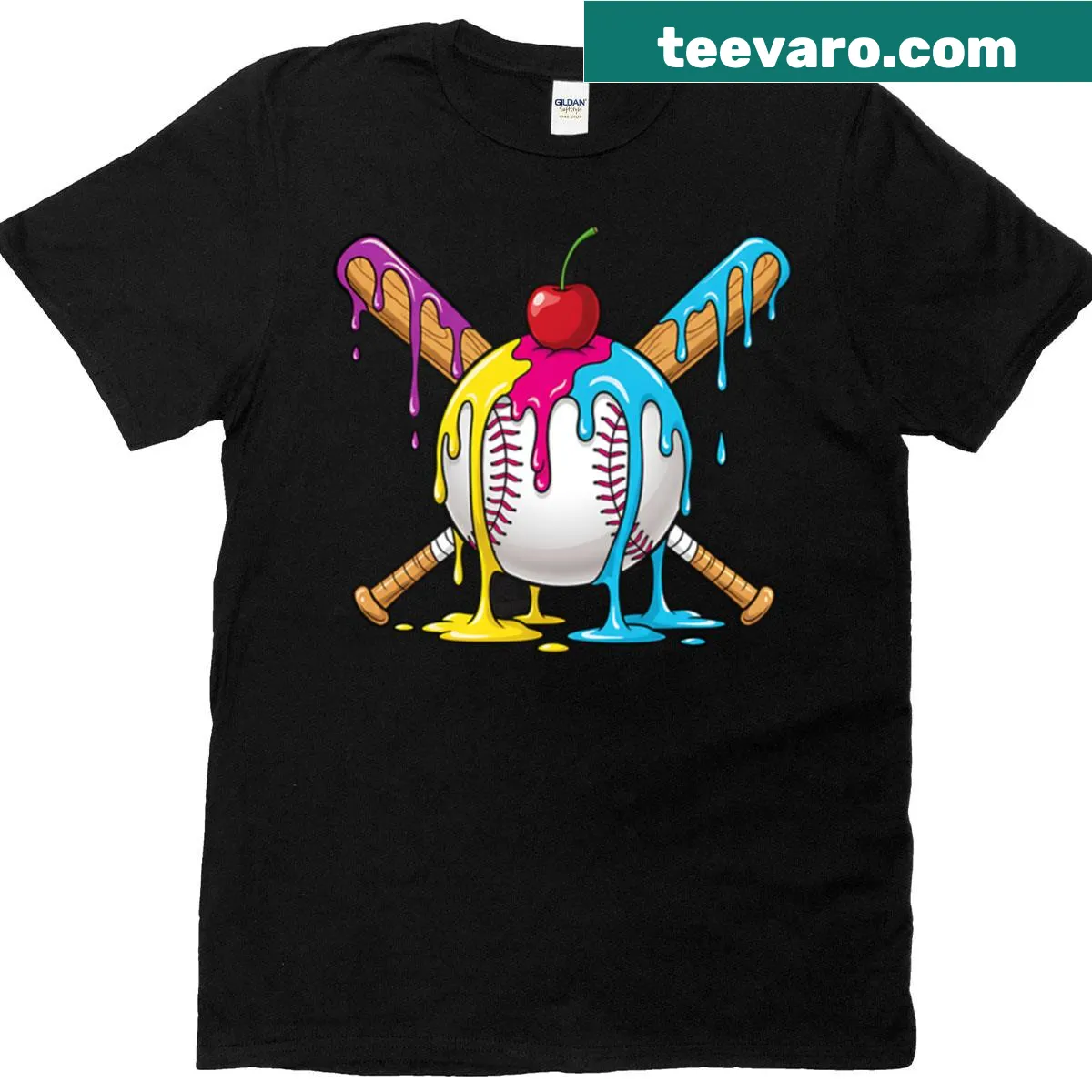 Cartoon baseball bat with ice cream dripping design on a T-shirt — on a men's t-shirt