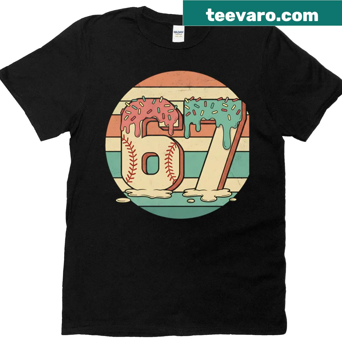 Playful illustration featuring number 67 on a t-shirt. — on a men's t-shirt