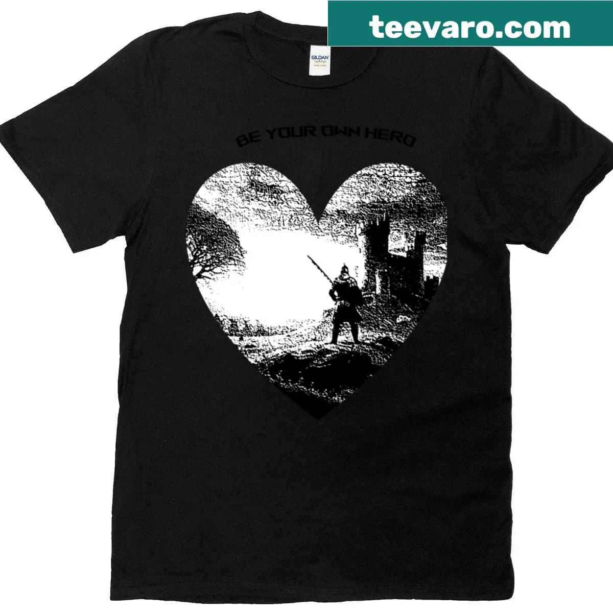 Inspirational 'Be Your Own Hero' typography T-shirt design — on a men's t-shirt