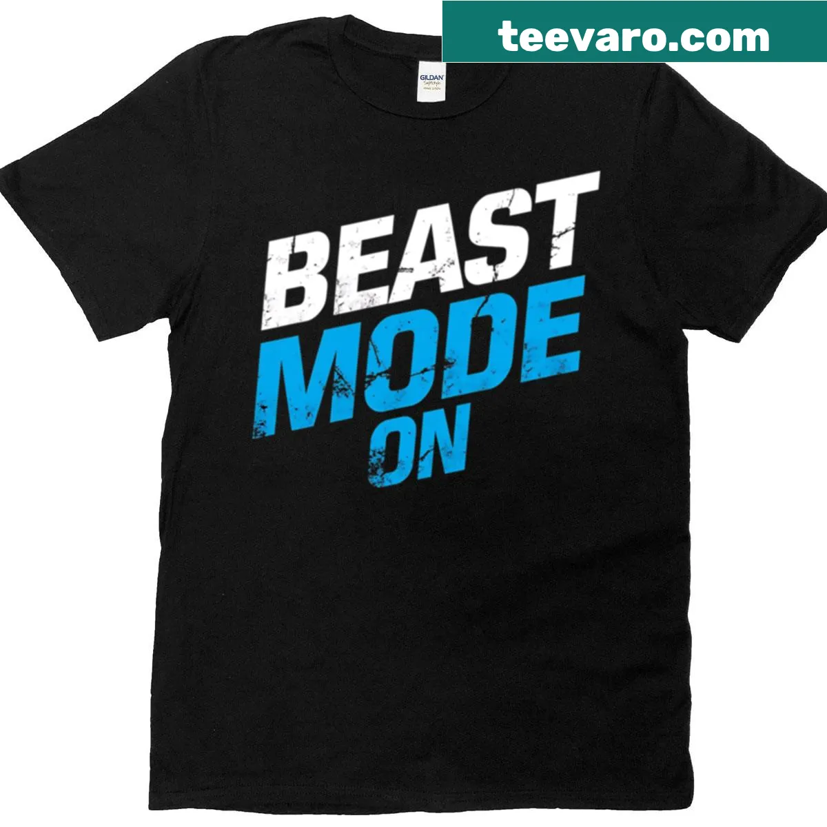 Motivational 'Beast Mode On' text on a fitness t-shirt — on a men's t-shirt