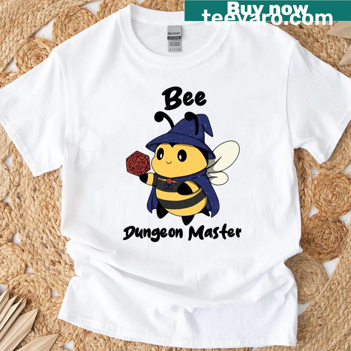 Bee character as a dungeon master printed on T-shirt — on a men's t-shirt
