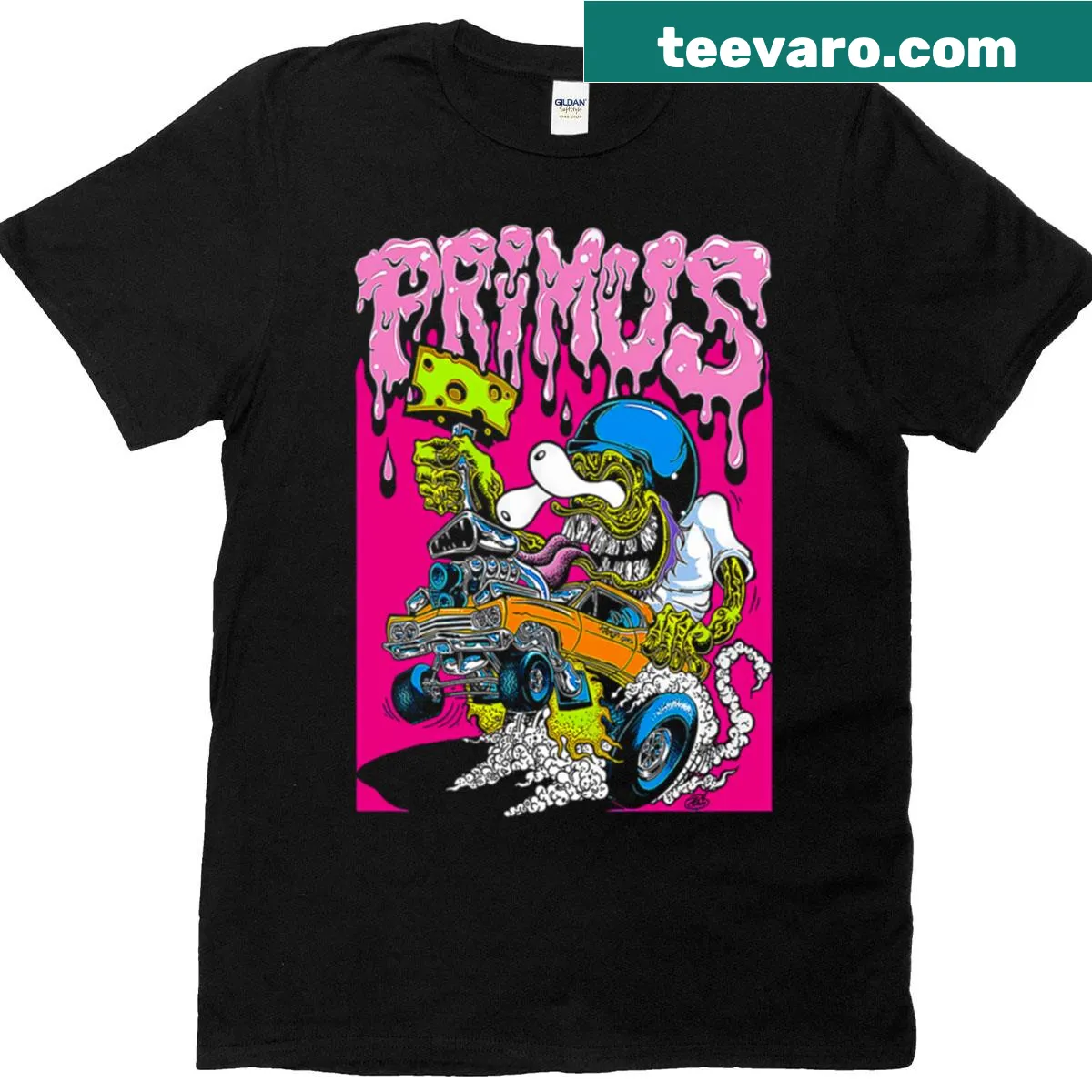 Primus band typography t-shirt celebrating music culture — on a men's t-shirt