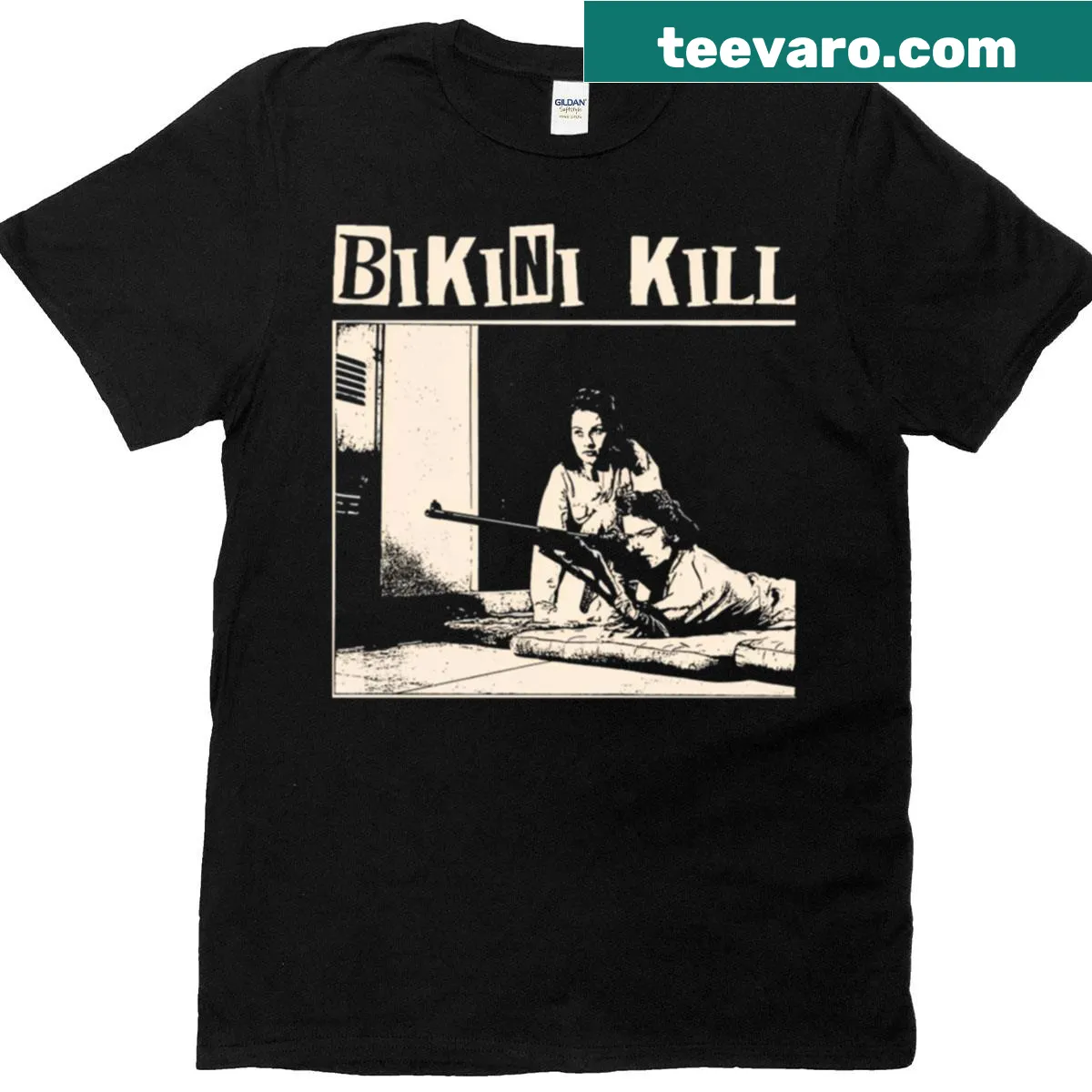 Vintage Bikini Kill band T-shirt with bold logo graphic — on a men's t-shirt