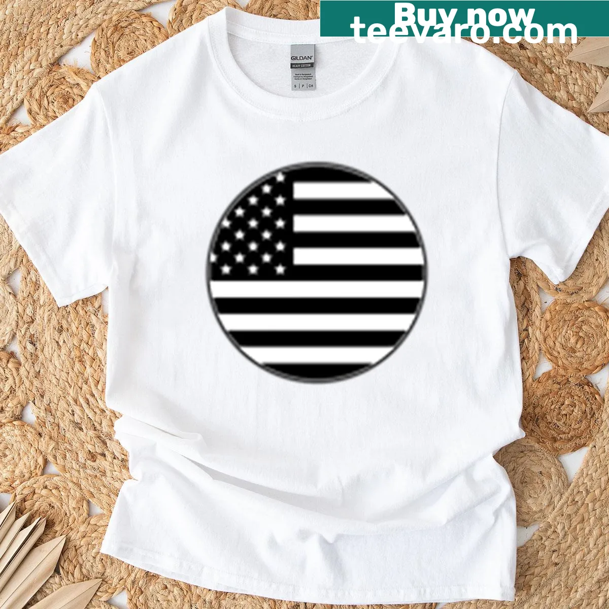 Distressed US flag circle graphic in black and white — on a men's t-shirt