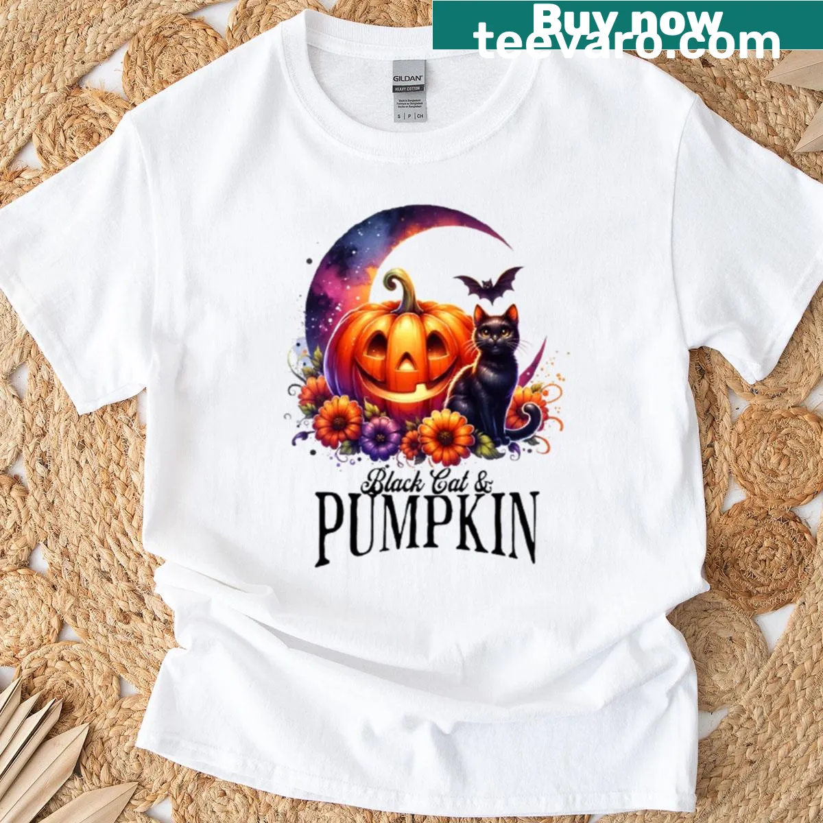 Whimsical t-shirt with a black cat on a pumpkin for Halloween — on a men's t-shirt