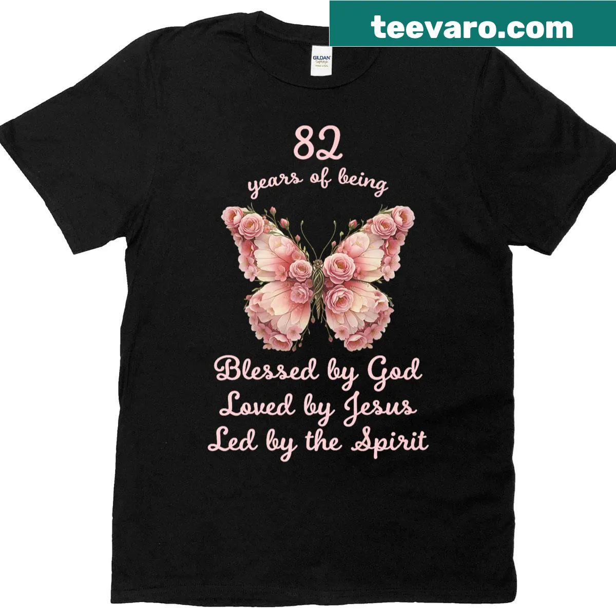 Illustrated birthday shirt with a pink butterfly design celebrating 82 years — on a men's t-shirt