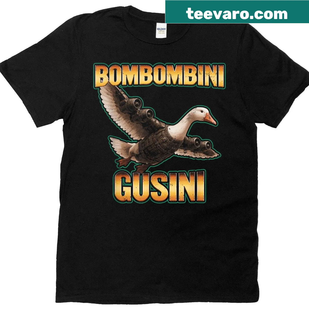 T-shirt with the phrase 'Bombombini Gusini' in playful typography — on a men's t-shirt