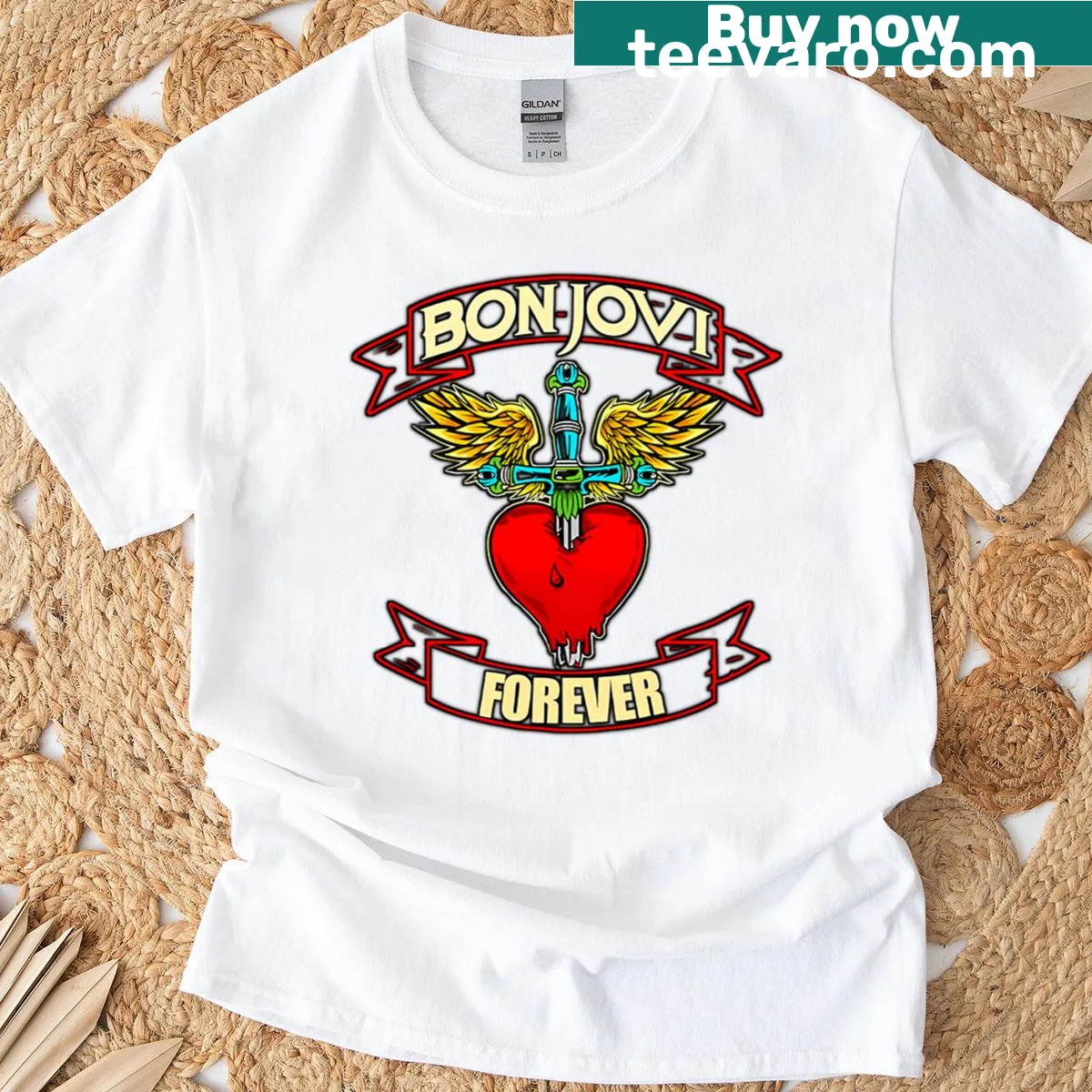 Band T-shirt featuring Bon Jovi classic design — on a men's t-shirt