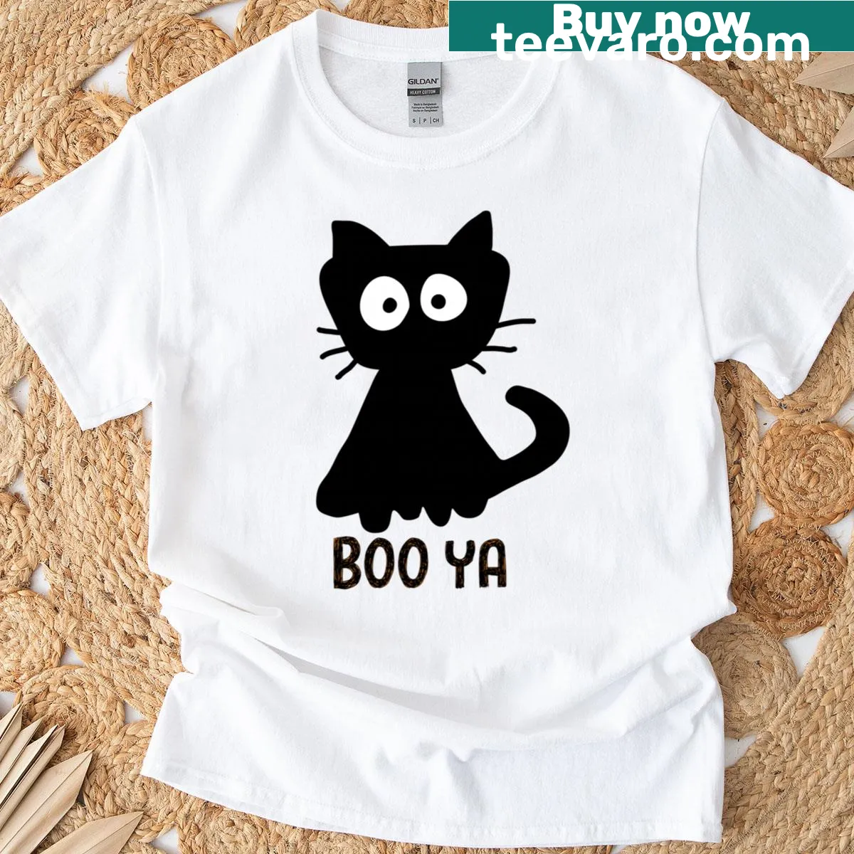 Silhouette of a black cat design on a black Halloween T-shirt — on a men's t-shirt