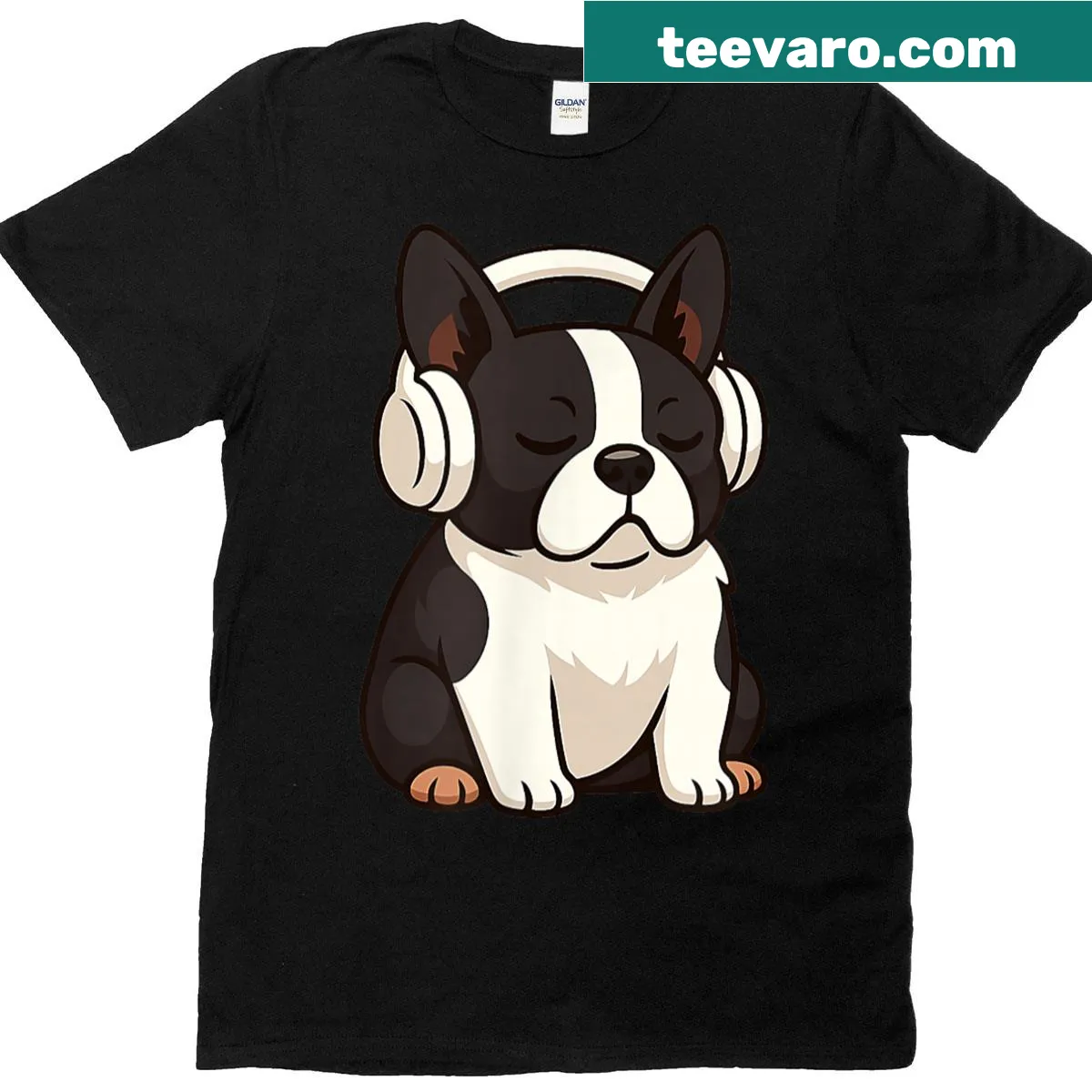 Boston Terrier wearing headphones in a fun graphic design — on a men's t-shirt