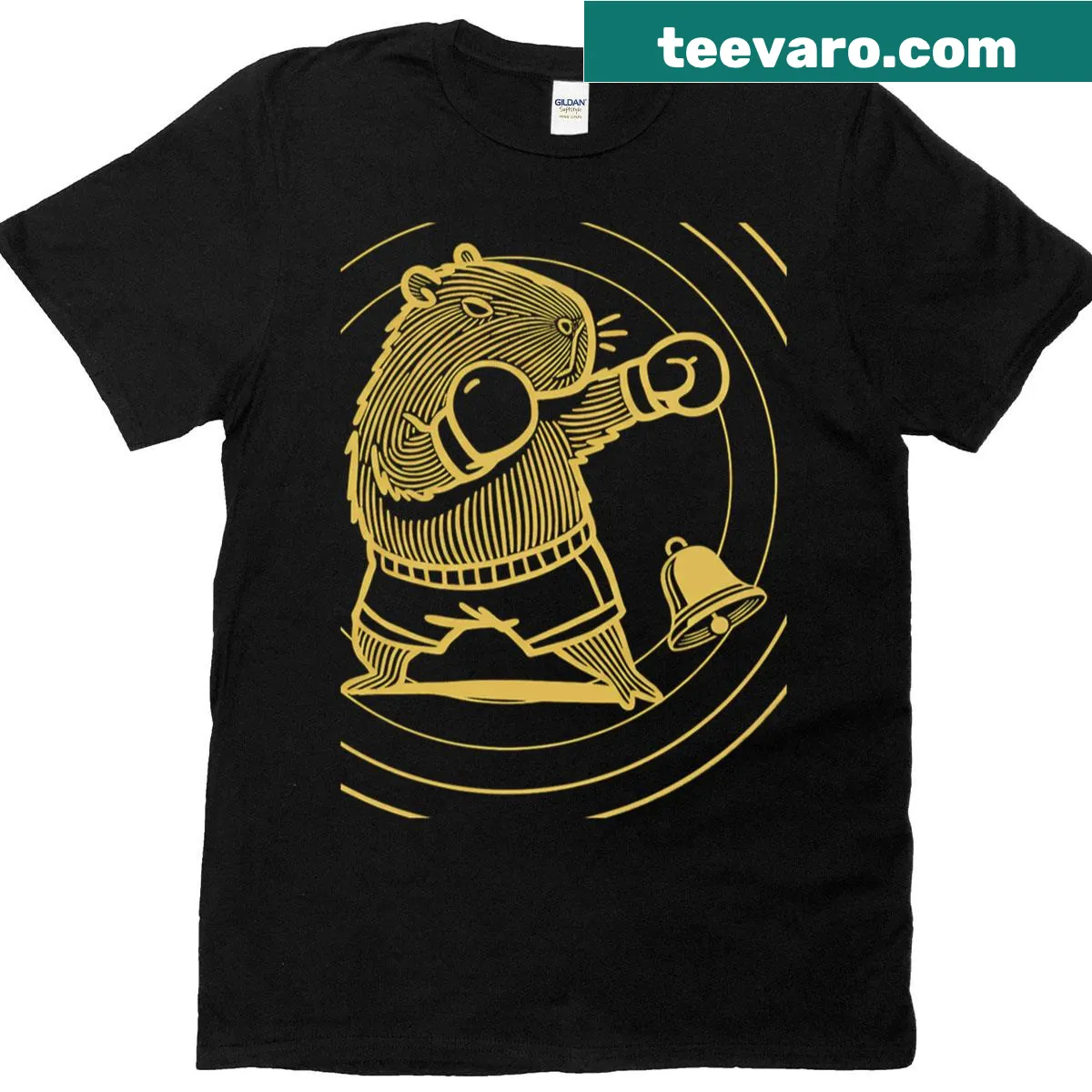 Vintage-style T-shirt featuring a boxing capybara champion graphic. — on a men's t-shirt