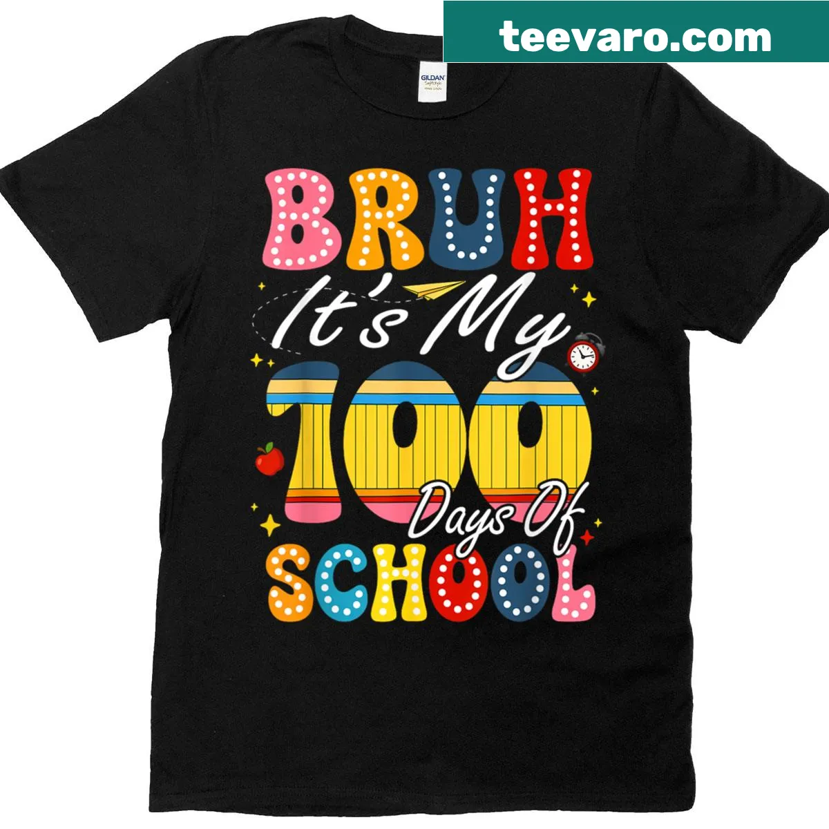 100 Days of School t-shirt with pencil illustrations and text — on a men's t-shirt