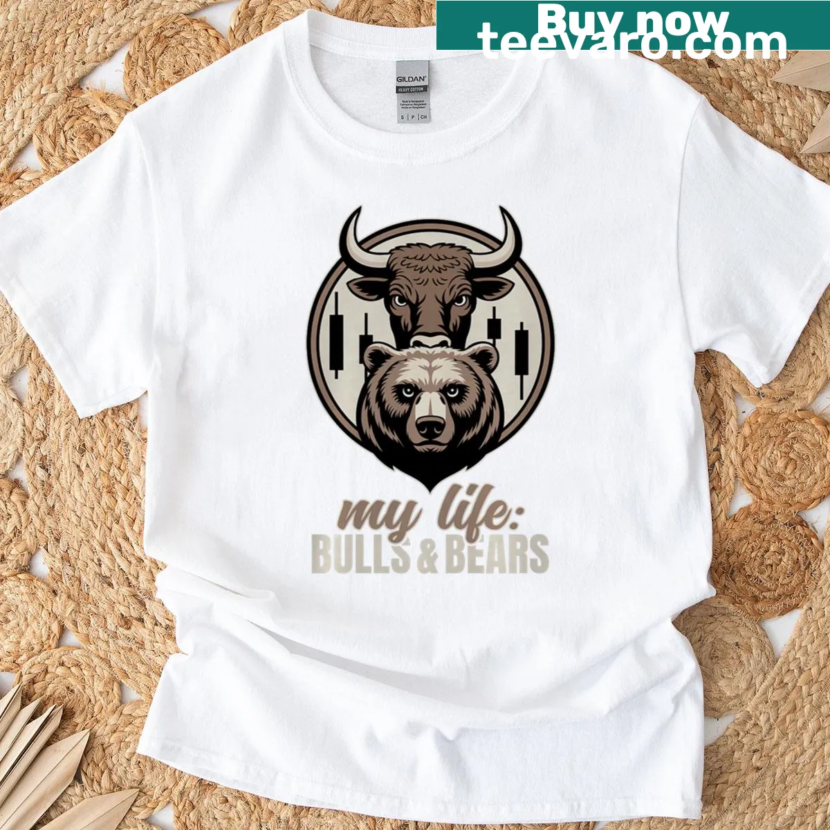 Illustrative t-shirt featuring bulls, bears, and stock market charts — on a men's t-shirt