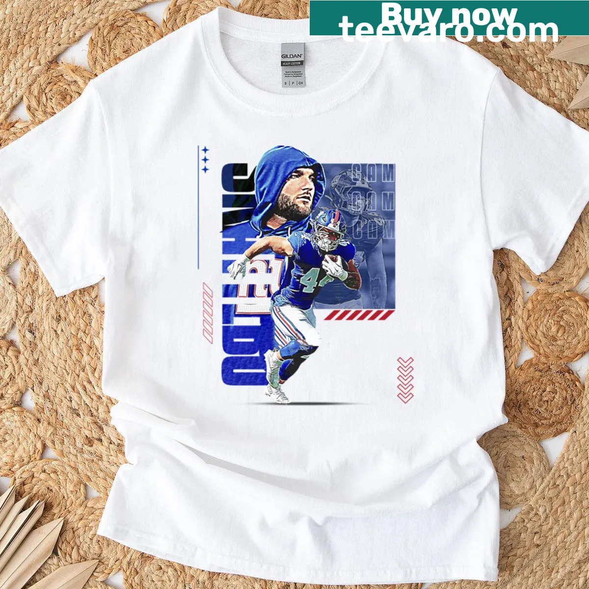 Football player graphic showcasing athleticism printed on T-shirt — on a men's t-shirt