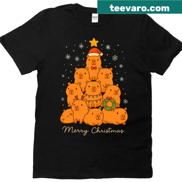 Capybara among Christmas tree graphic t-shirt