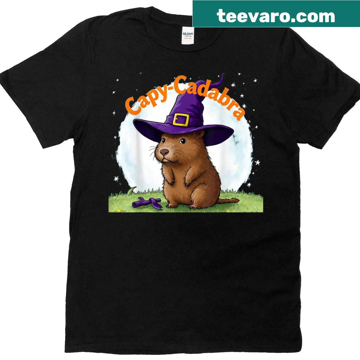 T-shirt featuring a capybara dressed as a witch with a pointed hat — on a men's t-shirt