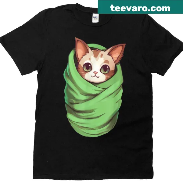 Cute T-shirt with an illustration of a cat wrapped in a blanket