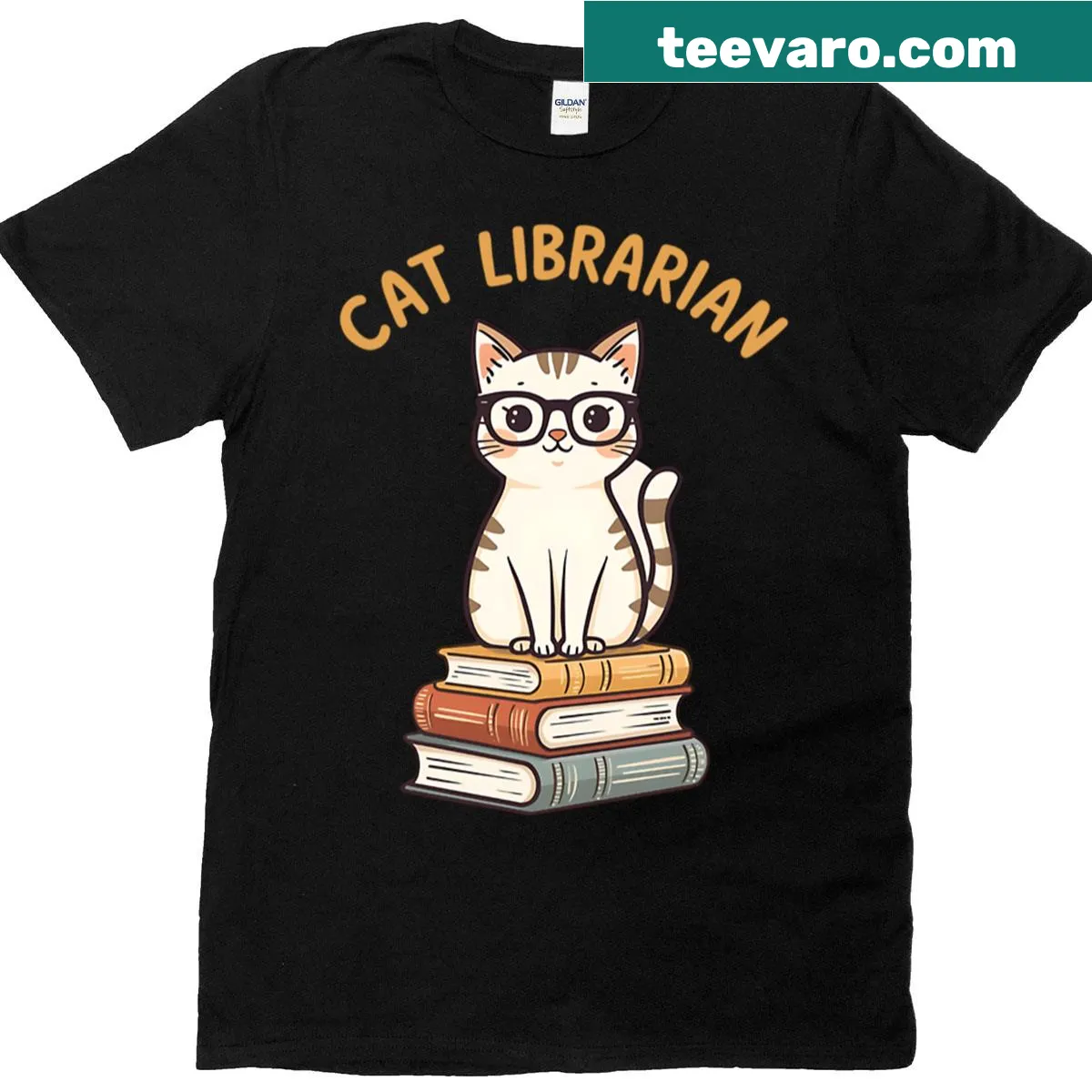 Illustrated t-shirt featuring a cat surrounded by books, symbolizing a librarian. — on a men's t-shirt