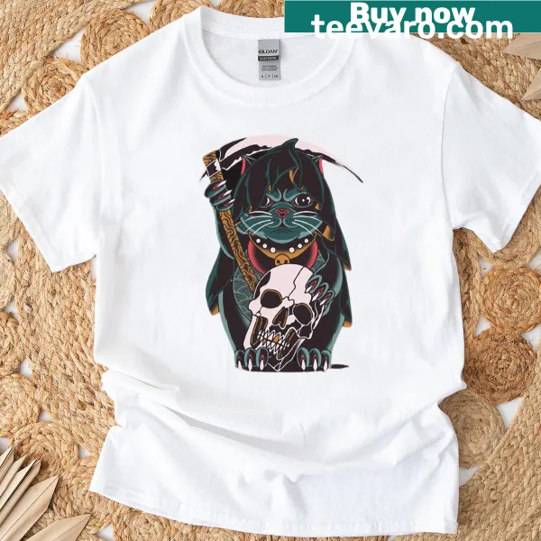 Cat skull design with dark mysterious elements on T-shirt